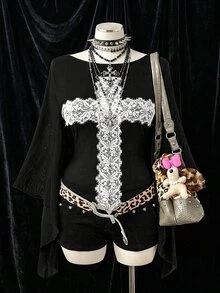Sunspun Dark-Colored Plus-Size Asymmetrical Knit T-Shirt With Plus Size, Exaggerated Bell Sleeves And Lace Cross Detailing; A Gothic/Punk Edgy Style. Fall - White - View 8