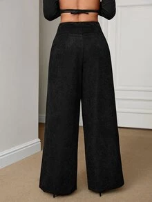 SHEIN PETITE 女款純色高腰寬腿寬鬆休閒長褲 - 黑色 - 查看 2