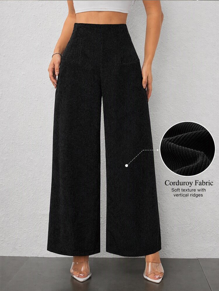 SHEIN PETITE Women's Solid Color High Waist Wide Leg Loose Casual Long Pants - Black - View 4