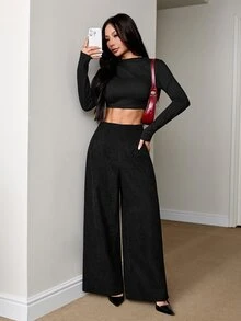 SHEIN PETITE 女款純色高腰寬腿寬鬆休閒長褲 - 黑色 - 查看 7