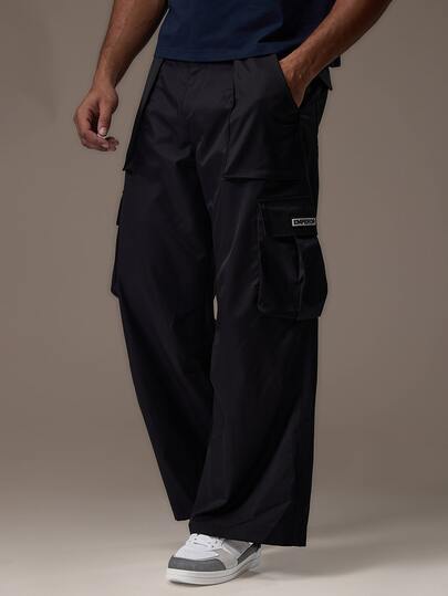 Emperor Men's Loose Fit Wide Leg Pants Black Baggy Pockets Cargo Pants Embroidered Patch Vacation Autumn Winter Streetwear
