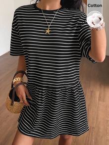 CovetEZ 條紋休閒女款迷你洋裝 - 黑色 - 查看 4