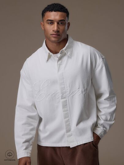 Emperor Men's Long Sleeve Pure Cotton White Embroidered Heavyweight Shirt Jacket