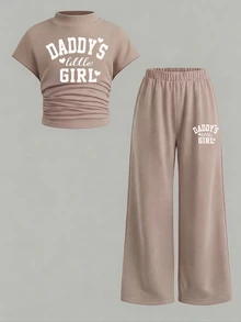 SHEIN 2件組灰色針織套裝，女童抓皺高領修身上衣搭配寬腿長褲 - 黑與白 - 查看 5