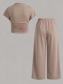 SHEIN 2件組灰色針織套裝，女童抓皺高領修身上衣搭配寬腿長褲 - 黑與白 - 查看 2