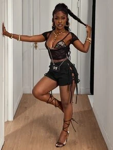 Slaydiva Plus Size Sexy Side Slit Lace-Up Denim Shorts, Summer - Black - View 4