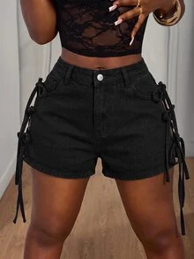 Slaydiva Plus Size Sexy Side Slit Lace-Up Denim Shorts, Summer - Black - View 5