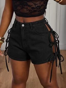 Slaydiva Plus Size Sexy Side Slit Lace-Up Denim Shorts, Summer - Black - View 1