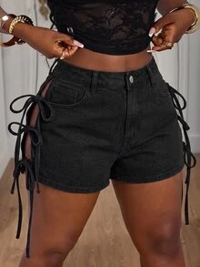 Slaydiva Plus Size Sexy Side Slit Lace-Up Denim Shorts, Summer - Black - View 6