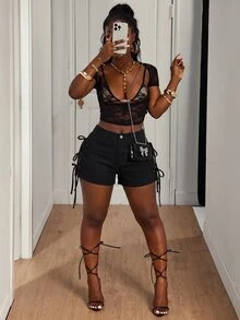 Slaydiva Plus Size Sexy Side Slit Lace-Up Denim Shorts, Summer - Black - View 7