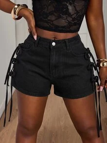 Slaydiva Plus Size Sexy Side Slit Lace-Up Denim Shorts, Summer - Black - View 3
