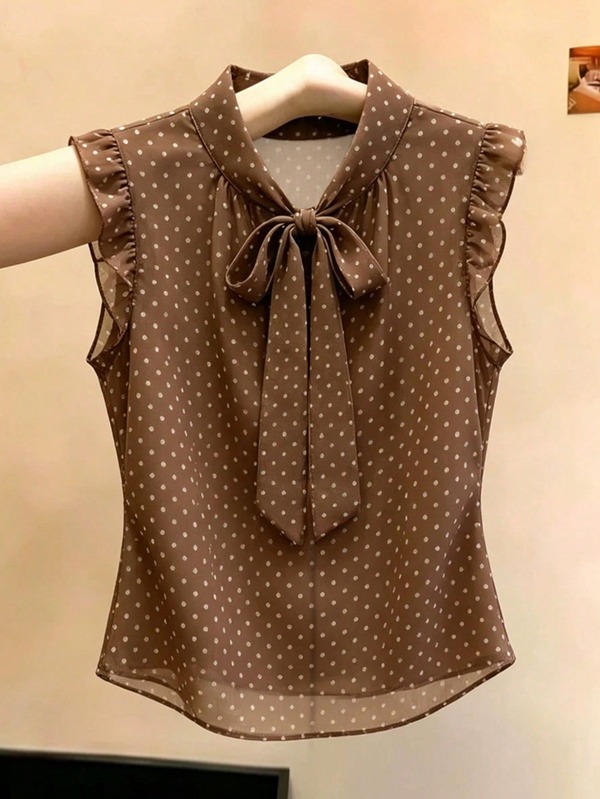 SHEIN Franclia 復古棕色波點無袖上衣，蝴蝶結領口配荷葉邊袖口，優雅雪紡女款上衣