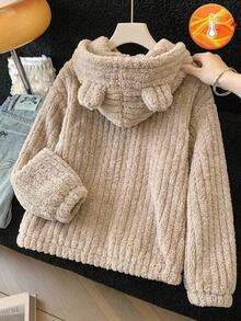SHEIN 少女秋冬休閒保暖內裡加厚雙面絨毛連帽卡通3D熊耳拉鍊夾克外套杏色 - 杏色 - 查看 8