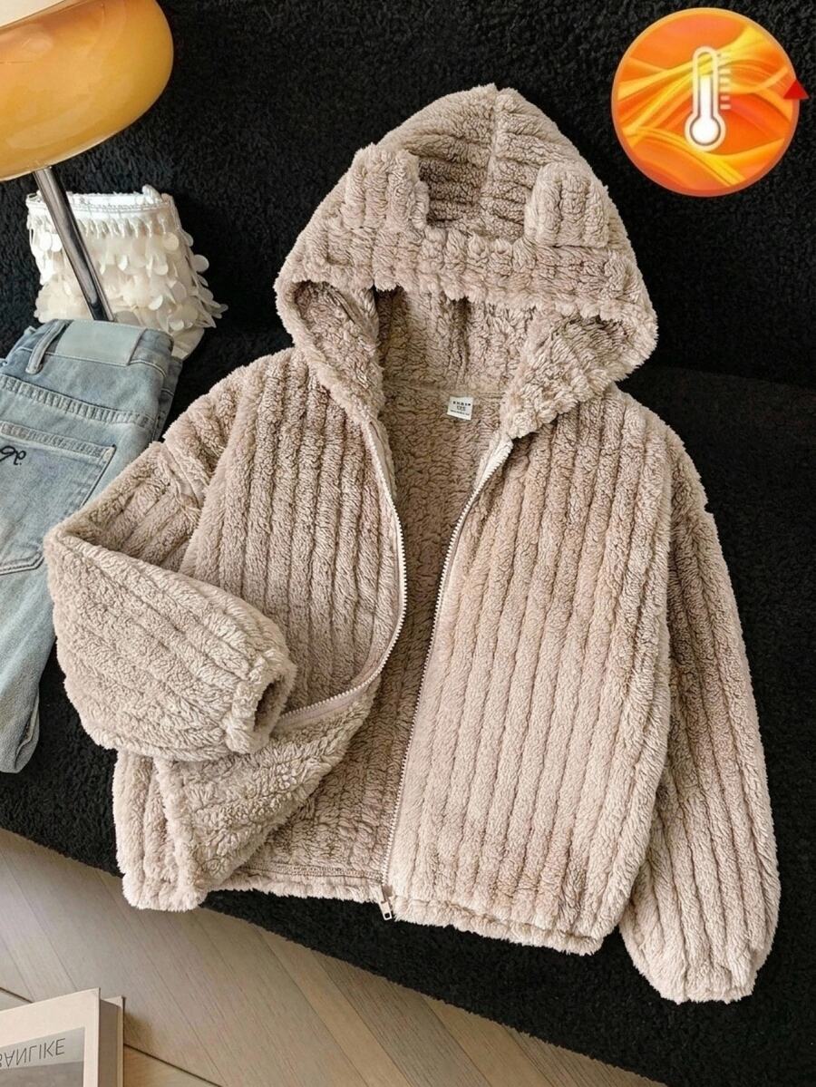 SHEIN 青少年女孩秋冬休閒保暖內裡加厚雙面絨毛連帽卡通3D熊耳拉鍊外套杏色 - 杏色 - 查看 1