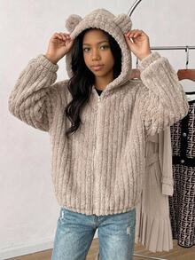 SHEIN 少女秋冬休閒保暖內裡加厚雙面絨毛連帽卡通3D熊耳拉鍊夾克外套杏色 - 杏色 - 查看 5
