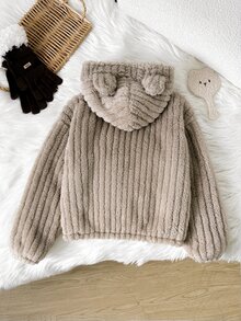 SHEIN 少女秋冬休閒保暖內裡加厚雙面絨毛連帽卡通3D熊耳拉鍊夾克外套杏色 - 杏色 - 查看 2