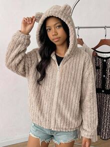 SHEIN 少女秋冬休閒保暖內裡加厚雙面絨毛連帽卡通3D熊耳拉鍊夾克外套杏色 - 杏色 - 查看 6