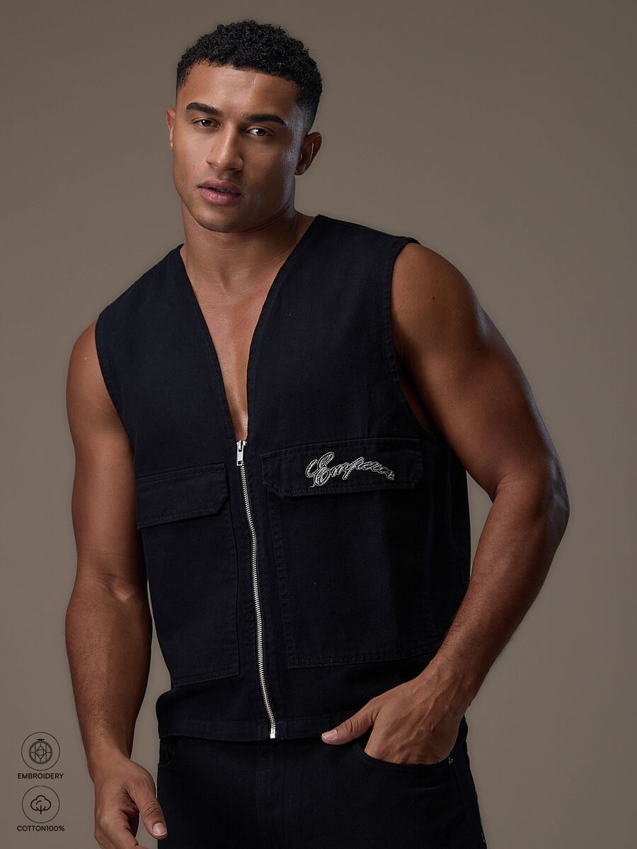 Emperor [100% Katun] Rompi Denim Hitam Pria dengan Resleting dan Bordir - Hitam - View 1