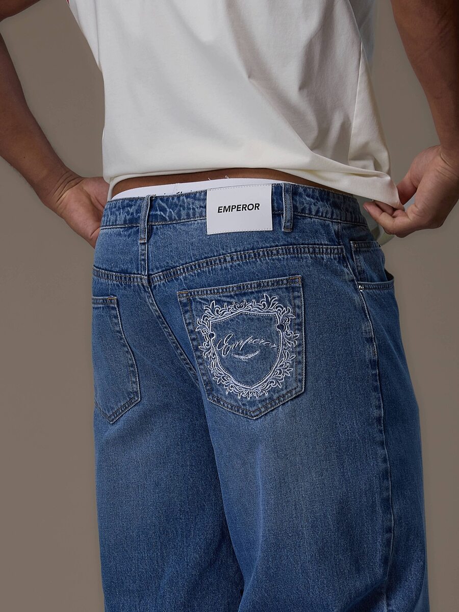 Emperor Men's Summer Loose Straight Leg Washed Embroidered Denim Jeans - Blue - View 1