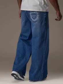Emperor Men's Summer Loose Straight Leg Washed Embroidered Denim Jeans - Blue - View 2