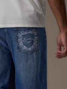 Emperor Men's Summer Loose Straight Leg Washed Embroidered Denim Jeans - Blue - View 3