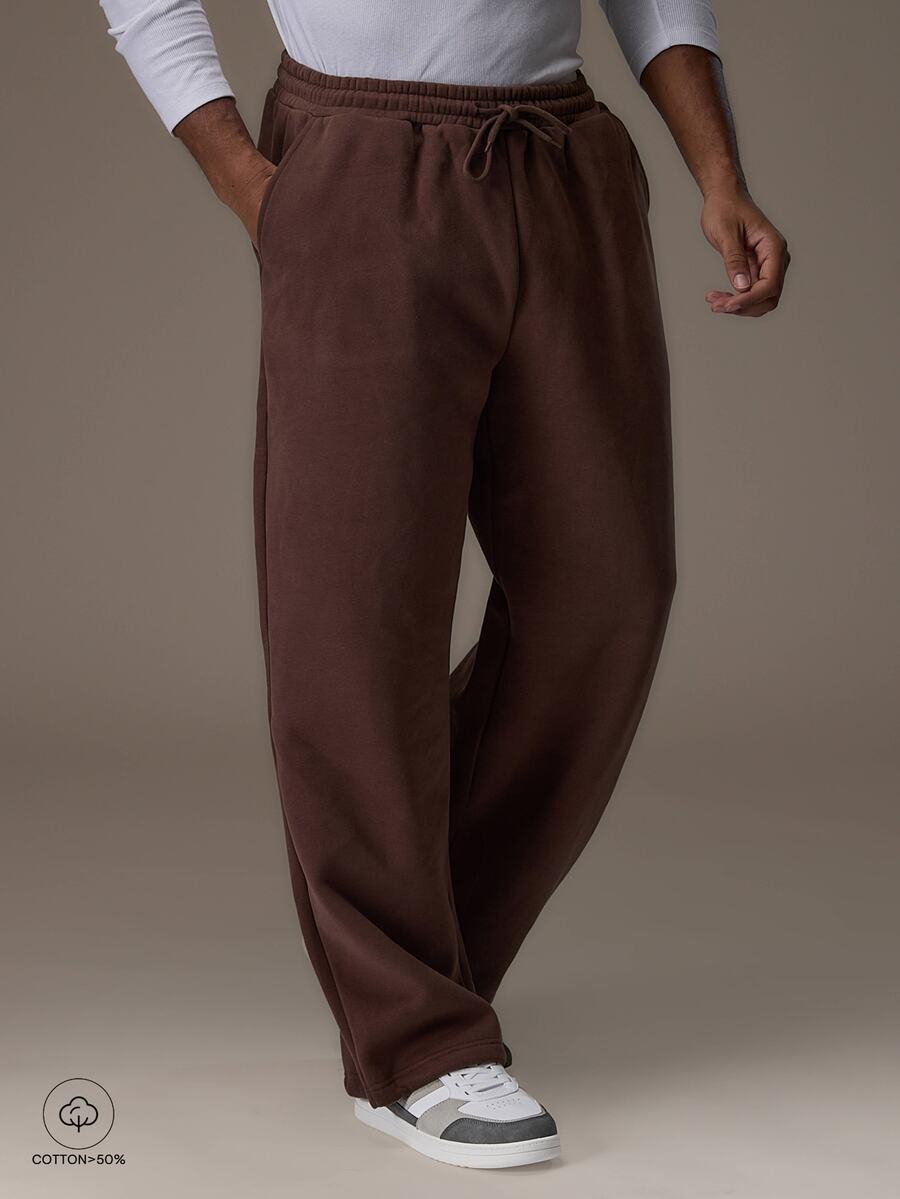Emperor Men's Loose Brown Heavyweight Sweatpants With Elastic Drawstring Waist, Matching Color Drawstring, Adjustable Elastic Cuffs, And Back Patch Pocket With Letter Patch - Brown - View 1