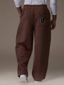 Emperor Men's Loose Brown Heavyweight Sweatpants With Elastic Drawstring Waist, Matching Color Drawstring, Adjustable Elastic Cuffs, And Back Patch Pocket With Letter Patch - Brown - View 2