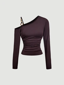SHEIN MOD Camiseta de manga larga con cuello asimétrico de unicolor para mujer, guardarropa de otoño - Café integral - Ver 8