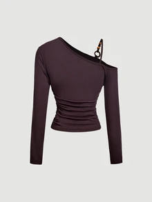 SHEIN MOD Camiseta de manga larga con cuello asimétrico de unicolor para mujer, guardarropa de otoño - Café integral - Ver 5