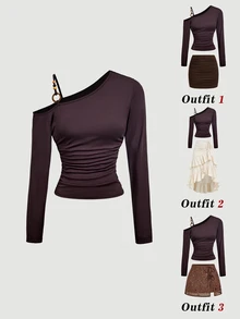 SHEIN MOD Camiseta de manga larga con cuello asimétrico de unicolor para mujer, guardarropa de otoño - Café integral - Ver 2