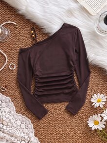 SHEIN MOD Camiseta de manga larga con cuello asimétrico de unicolor para mujer, guardarropa de otoño - Café integral - Ver 1