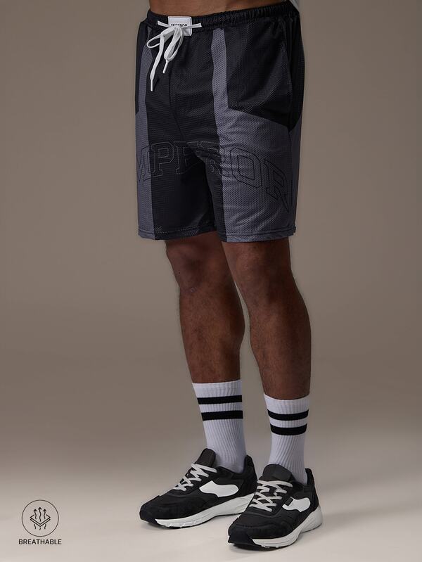 Emperor Men's Black And Gray Colorblock Loose Fit Breathable Letter Print Shorts Gym Summer Streetwear