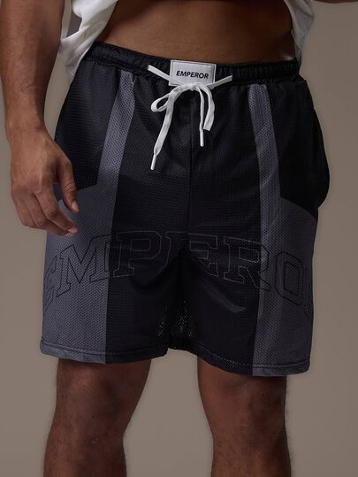 Emperor Men's Black And Gray Colorblock Loose Fit Breathable Letter Print Shorts Gym Summer Streetwear