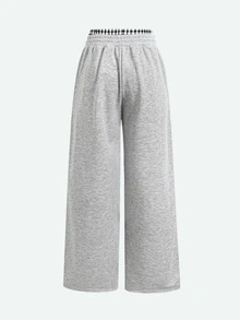 SHEIN Teen Girl Teen Girls Knit Colorblock Casual Drawstring Sweatpants - Light Grey - View 6