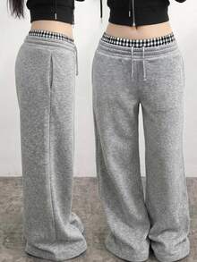 SHEIN Teen Girl Teen Girls Knit Colorblock Casual Drawstring Sweatpants - Light Grey - View 1
