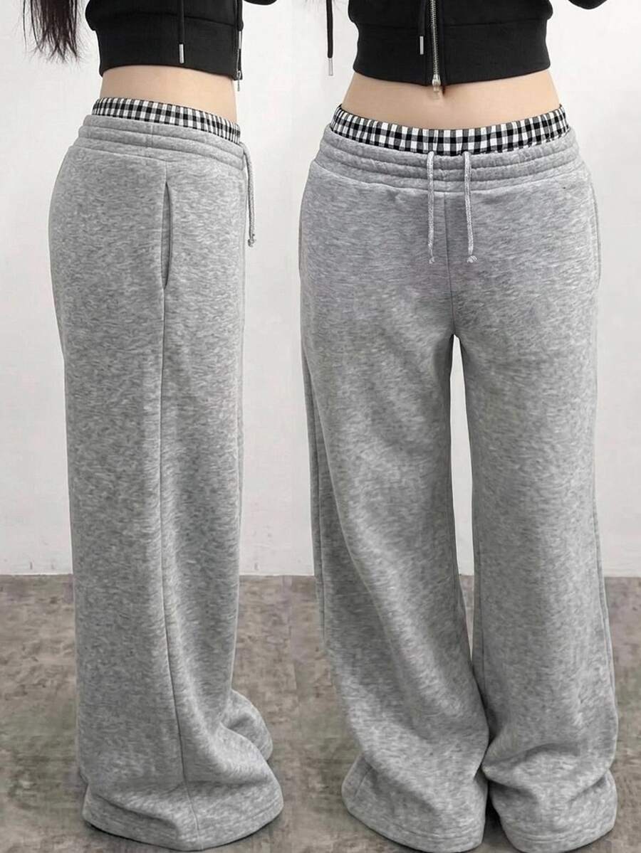 SHEIN Teen Girl Teen Girls Knit Colorblock Casual Drawstring Sweatpants - Light Grey - View 1