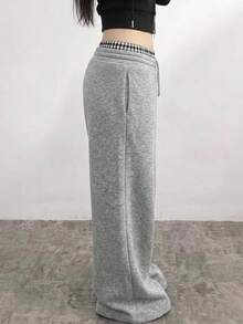 SHEIN Teen Girl Teen Girls Knit Colorblock Casual Drawstring Sweatpants - Light Grey - View 2