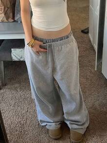 SHEIN Teen Girl Teen Girls Knit Colorblock Casual Drawstring Sweatpants - Light Grey - View 4