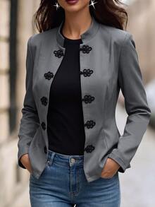 SHEIN Kurbağa Düğmeli Ön Kapanışlı Ceket - Gri - Görünüm 5