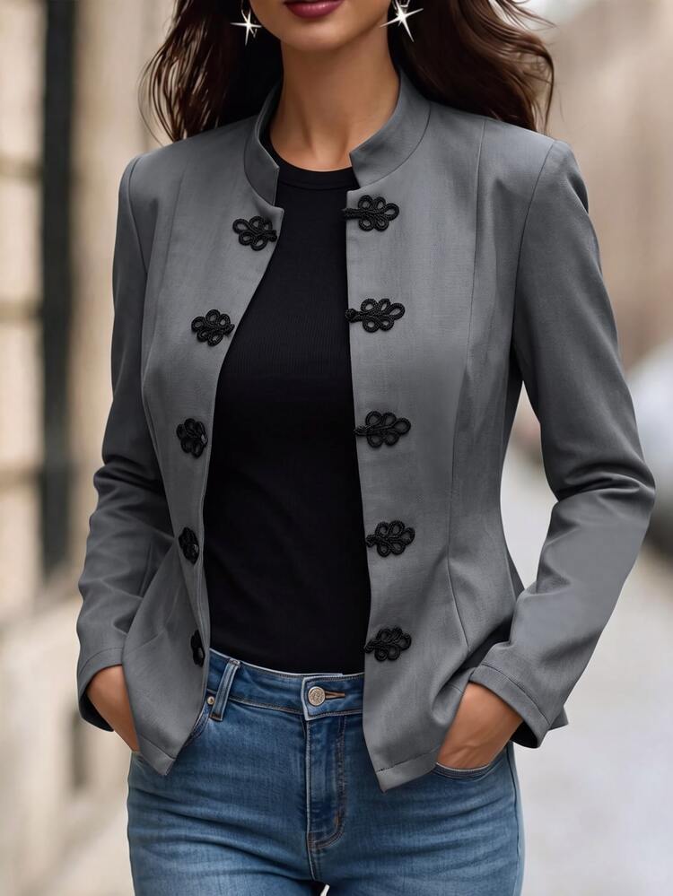 SHEIN Veste à boutons devant motif grenouille - Gris - Voir 5