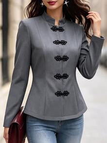SHEIN Kurbağa Düğmeli Ön Kapanışlı Ceket - Gri - Görünüm 6