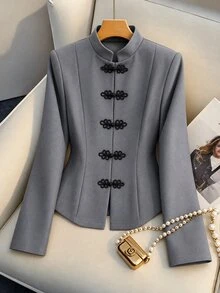 SHEIN Kurbağa Düğmeli Ön Kapanışlı Ceket - Gri - Görünüm 8
