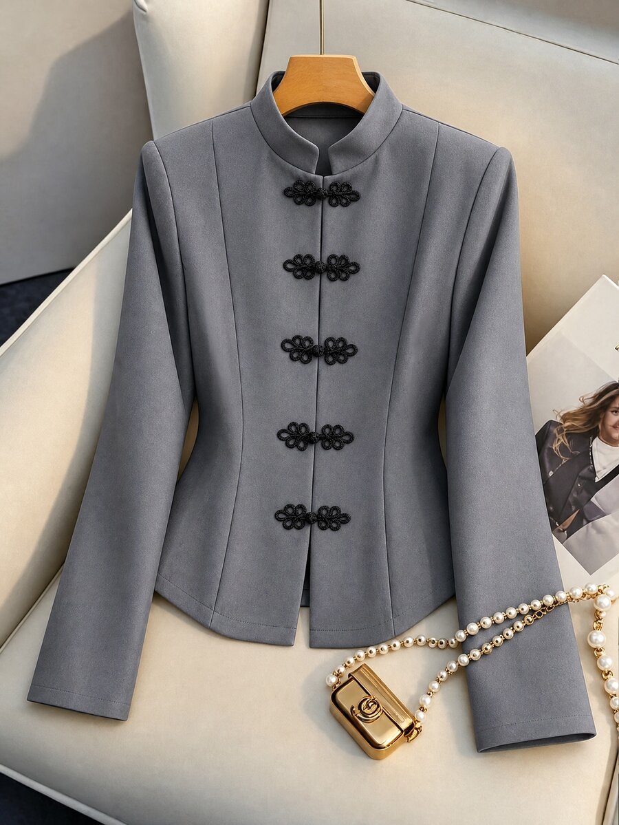 SHEIN Chaqueta con botones delanteros de rana - Gris - Ver 1