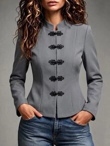 SHEIN Kurbağa Düğmeli Ön Kapanışlı Ceket - Gri - Görünüm 1