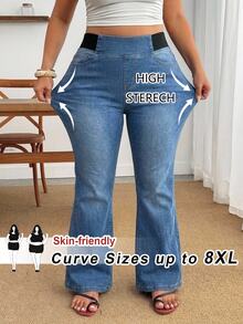 SHEIN CURVE+ 大尺碼女款高腰休閒百搭喇叭牛仔褲 - 藍色 - 查看 1