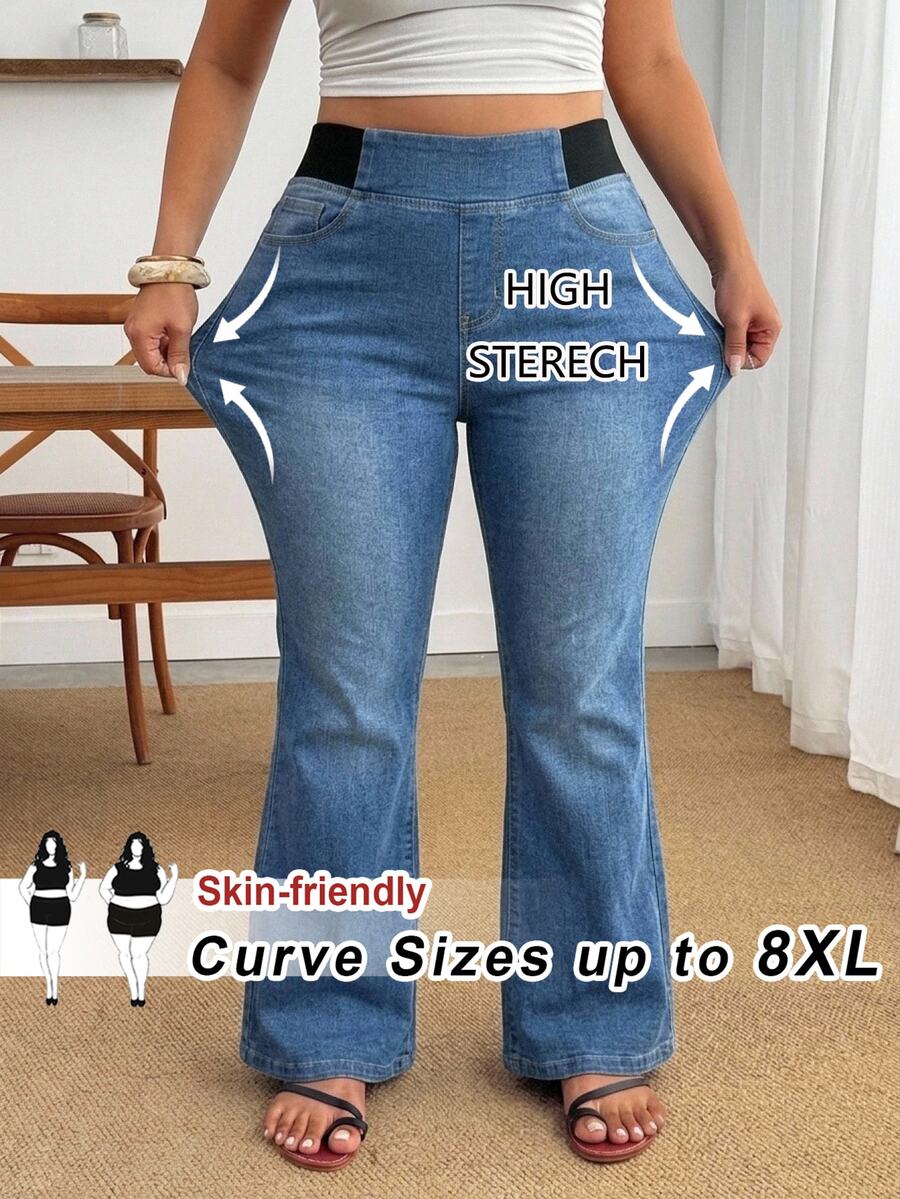 SHEIN CURVE+ 大尺碼女款高腰休閒百搭喇叭牛仔褲 - 藍色 - 查看 1