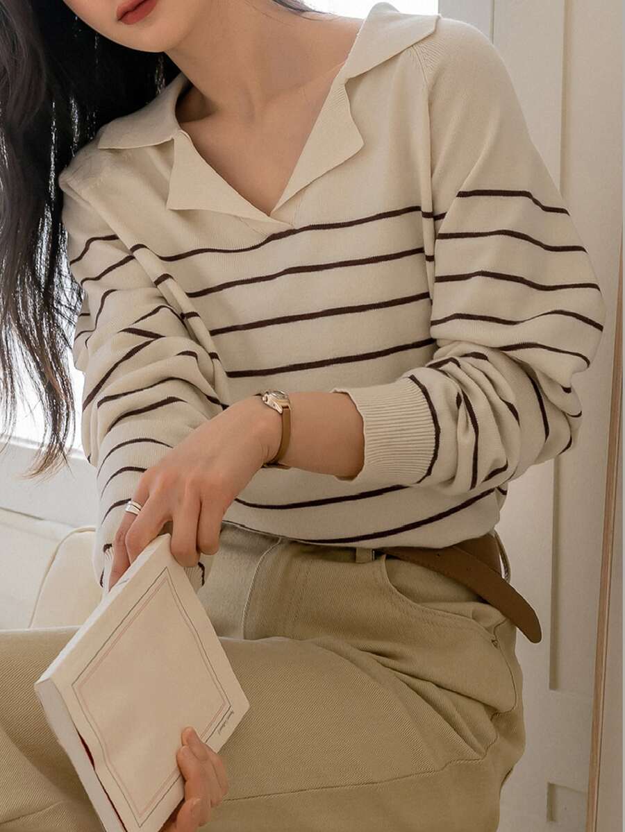 Dazy-Less ラグランスリーブ ストライプセーター、長袖トップス、秋服 ビジネスカジュアル レディース 仕事着 ニットトップス - アプリコット - チェックする 1