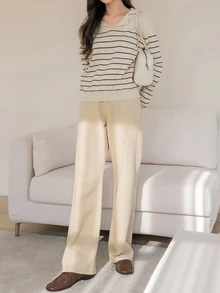 Dazy-Less ラグランスリーブ ストライプセーター、長袖トップス、秋服 ビジネスカジュアル レディース 仕事着 ニットトップス - アプリコット - チェックする 2
