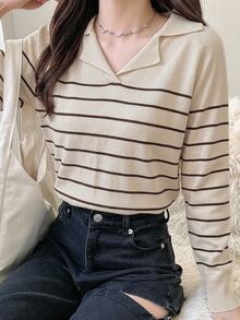 Dazy-Less ラグランスリーブ ストライプセーター、長袖トップス、秋服 ビジネスカジュアル レディース 仕事着 ニットトップス - アプリコット - チェックする 16