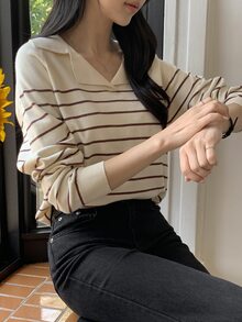 Dazy-Less ラグランスリーブ ストライプセーター、長袖トップス、秋服 ビジネスカジュアル レディース 仕事着 ニットトップス - アプリコット - チェックする 14
